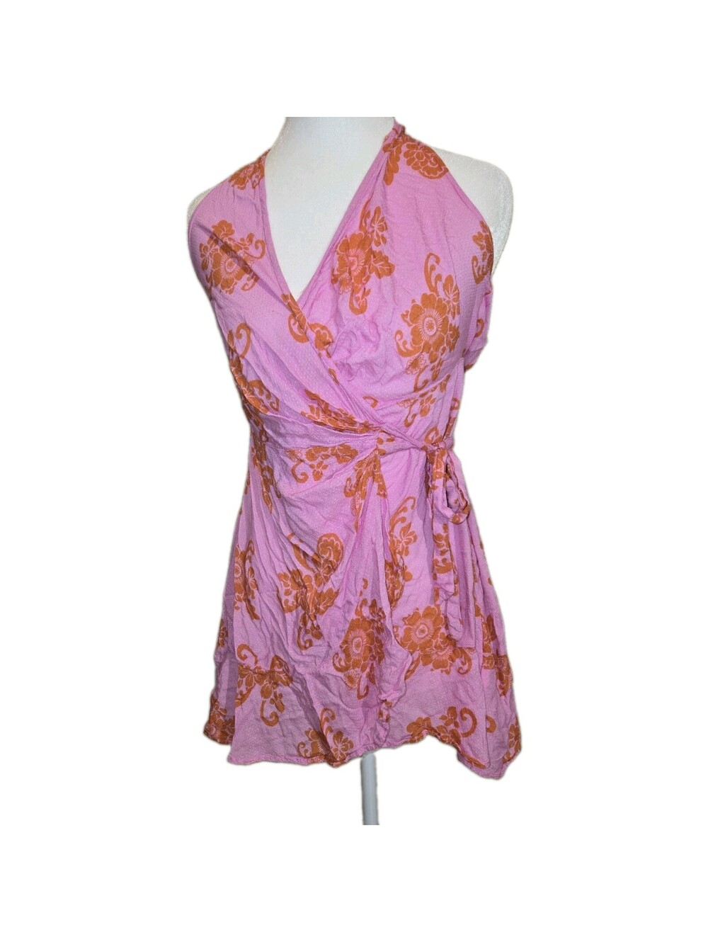 anthropologie Halter Wrap Top Sz S Pink Floral Baby Doll Whimsy Fairy Beachy